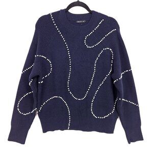 MOTF Pearl Sweater Wool Blend Womens Medium Blue Stretch Ribbed Knit Pullover